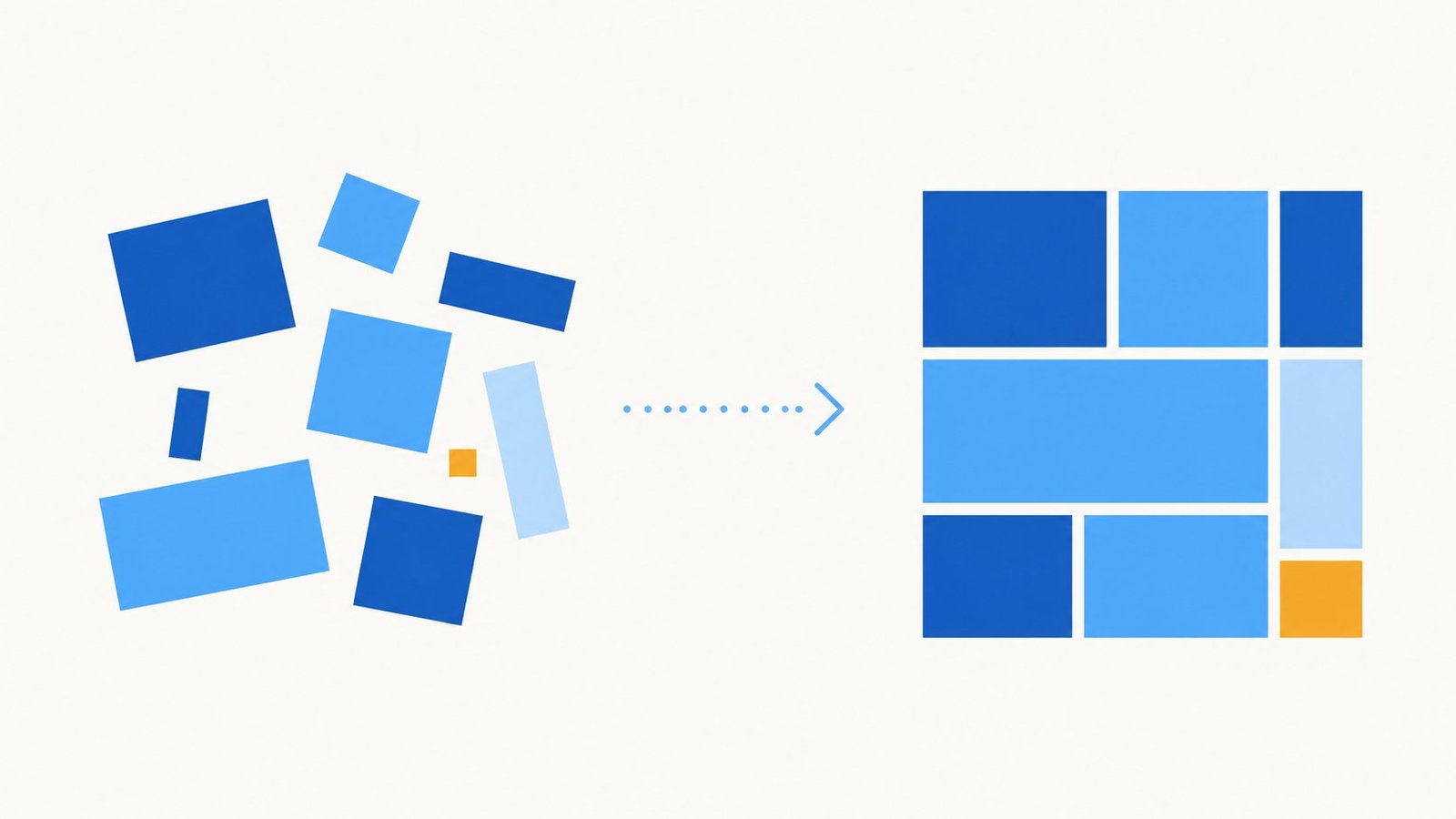 Abstract illustration: scattered, misaligned blue rectangles on the left resolve into a clean, organized grid on the right.