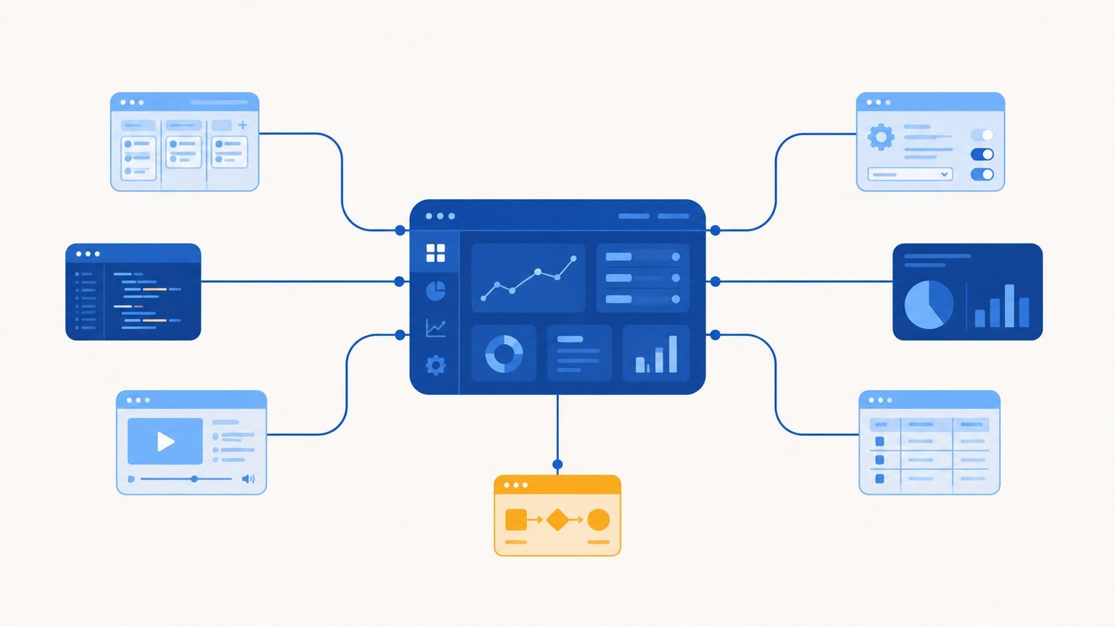 Abstract illustration: several separate app windows connected by lines to one central dashboard, suggesting multiple tools working together as one system.