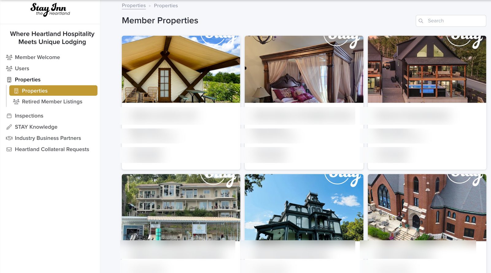 The Stay INN the Heartland member portal — a custom Stacker app showing the navigation for members, properties, and inspections alongside a grid of member lodging properties. Member details are blurred for privacy.
